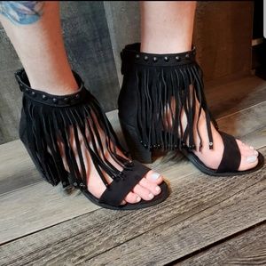 Black Leather Tassel High Heels Womens Size 8